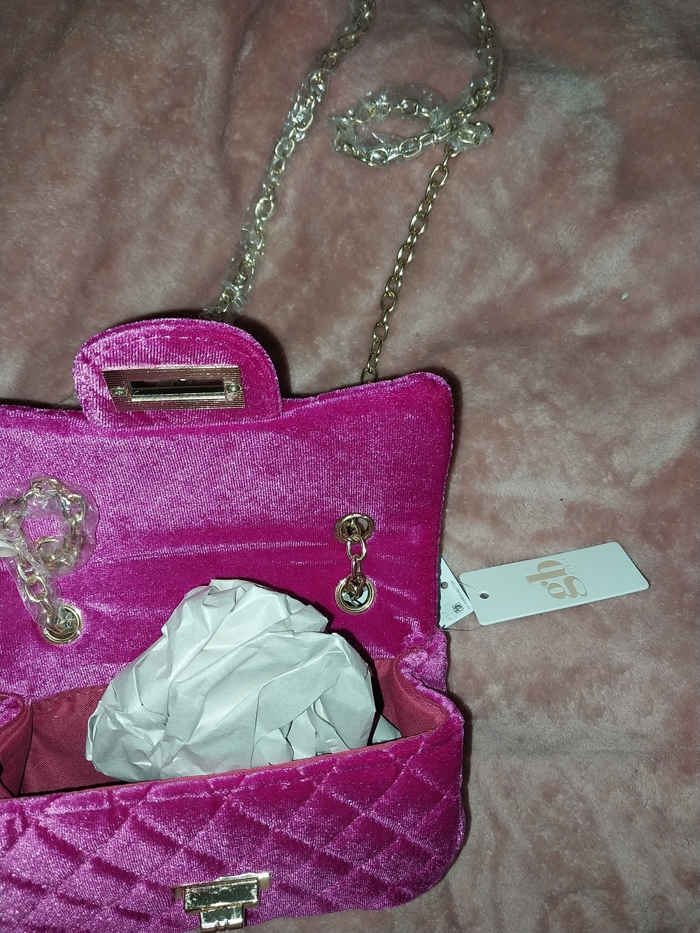 Gianni Bini Magenta Quilted Velvet Mini Crossbody with Gold Chain